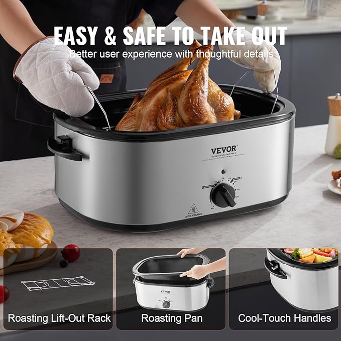VEVOR Electric Roaster Oven with Defrost & Warm Function, 24 QT Turkey Roaster Oven with Self-Basting Lid, 1450W, Adjustable Temp, Removable Pan & Rack, Fits Turkeys Up to 28LBS, Silver