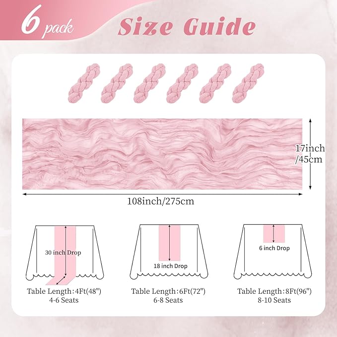 6 Pack Light Pink Cheesecloth Table Runner 17x108 Inch Semi Sheer Boho Gauze Cheese Cloth Fabric Table Runners, for Wedding Party Baby Shower Birthday Home Decor Garden Farmhouse