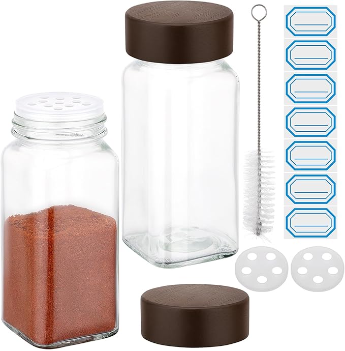Segarty 4oz Spice Jar with Wood Lids, 2 PCS 120ml Glass Square Condiment Jars with Shaker Lid, Clear Empty Seasoning Containers Spices Bottles Salt Pepper Shakers, Storage Jar with 7 Stickers, 1 Brush