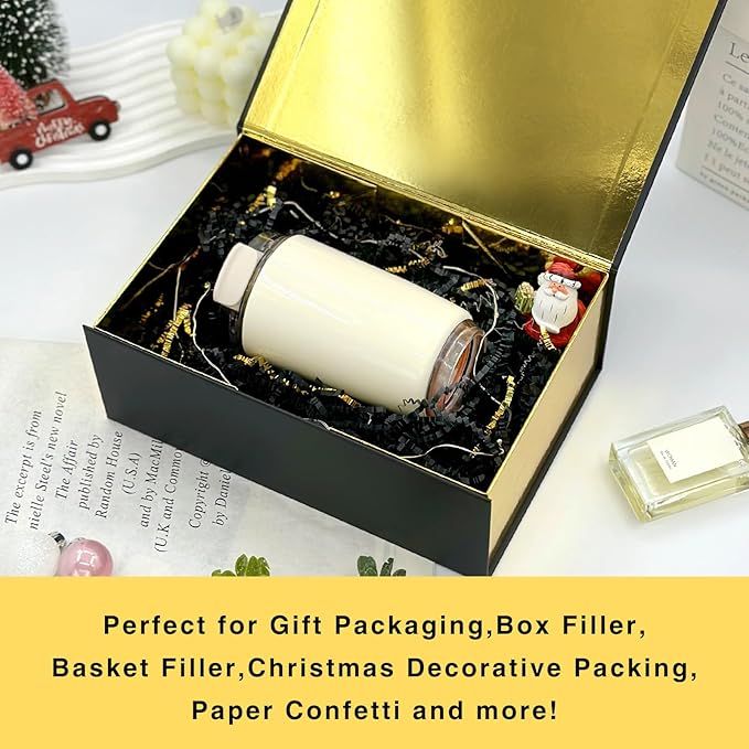 2LB Crinkle Cut Paper Shred Filler for Bag Gift Box Basket Confetti Paper Shreded Stuffing Decoration for Valentine's Day Holiday Party (Gold & Black)