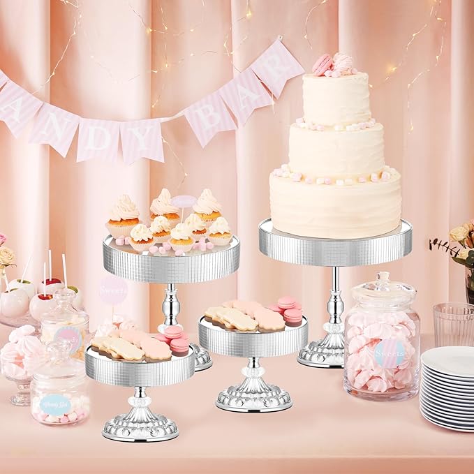12 Pieces Silver Cake Stand Set, Vintage Cake Display Stand with Crystal Edge and Cupcake Display Tray, Dessert Table Display Set for Wedding Party Baby Shower Anniversary Celebration