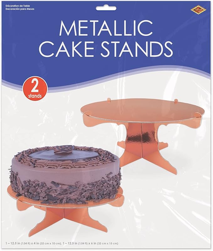 Beistle 2 Piece Durable Boardstock Shiny Metallic Rose Gold Round Cake Stands for Bridal Showers, Wedding Receptions, Birthday Party Supplies, Dessert Holders