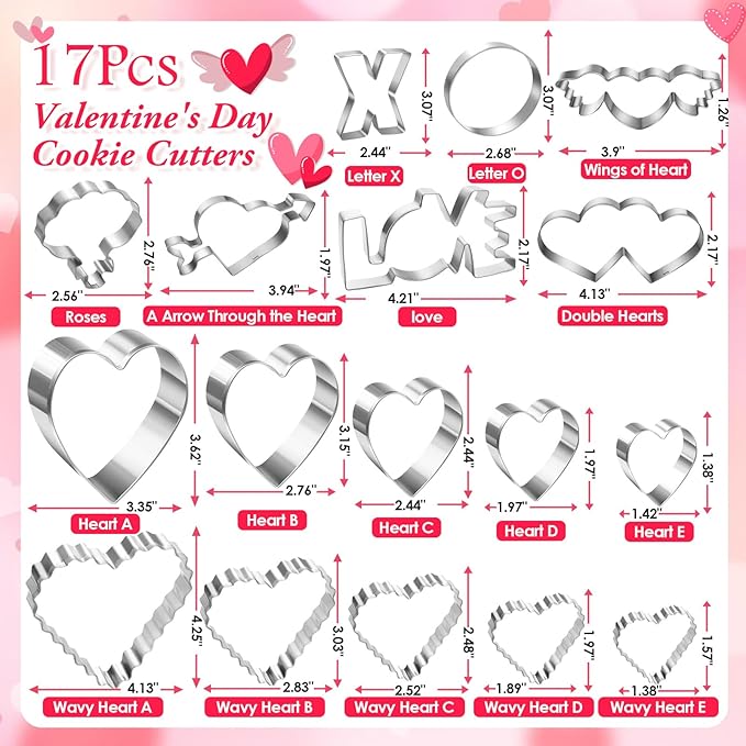 17Pcs Valentine's Day Cookie Cutters, Food-Grade Stainless Steel Valentines Biscuit Cutters with Heart, Wing Heart, LOVE, Flower, Easy to Demold & Cut for Cookies Cake Fruit