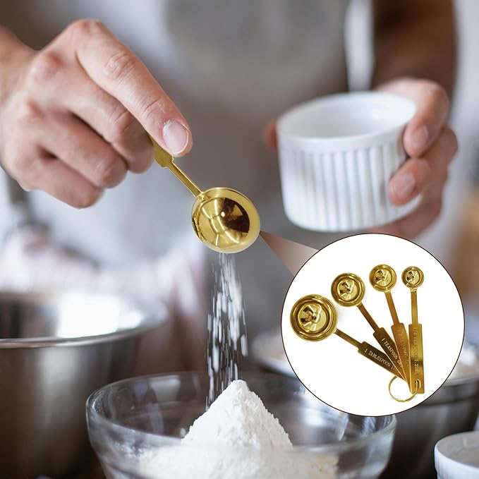 Gold 304 Stainless Steel Measuring Cup and Spoon Set, Stackable, 8-Piece, Long Handle for Narrow Bottles, Premium Gold Kitchen Utensils for and Cooking