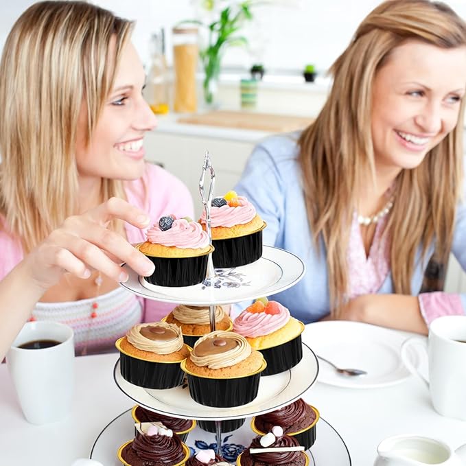 Mini Cake Pans with Lids and Spoons (40 Pack,Black,5oz) Round Disposable Ramekins - Sturdy Aluminum Foil Cupcake Liners with Lids for Dessert and Party