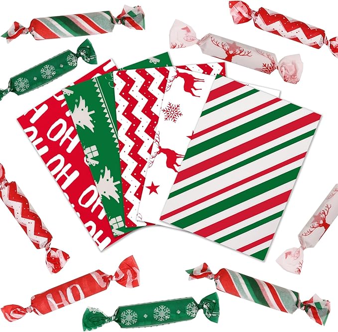 600Pcs Christmas Candy Wrappers, 6 Different Styles Christmas Caramel Chocolate Wrapper Tissues Xmas Greaseproof Twisting Wax Homemade Wrapping Paper for Candy Packaging Christmas Birthday Party
