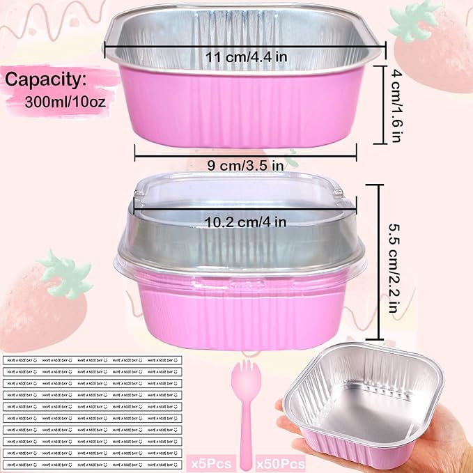 10oz Mini Cake Pans With Lids 50 Pack Aluminum Foil Square Brownie Baking Cups,4”x4” Disposable Loaf Pans With Lids and Spoons Stickers,Large Cupcake Pans Muffin Cake Tins Cake Container(Pink)