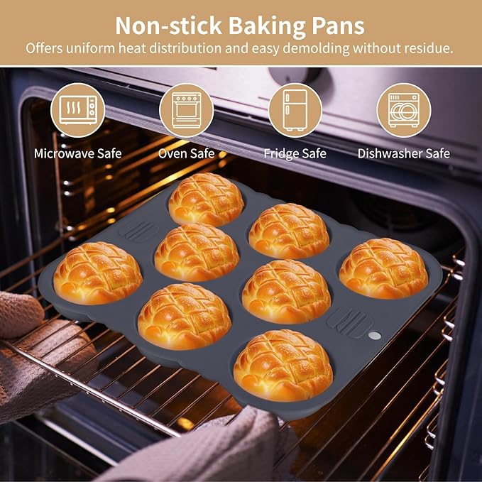 2 Pcs Hamburger Bun Molds, 8-Cup Burger Bun Pans with Spatula, Brush and Grab Glove, Silicone Egg Bite Molds, Silicone Muffin Pans for Baking, Dishwasher and Microwave Safe