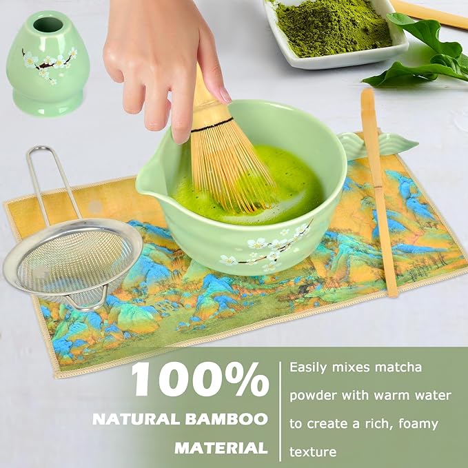 Matcha Whisk Set, 7 Pcs Ceramic MatchaSet with Matcha Bowl, Matcha Whisk and Holder, Bamboo Scoop, Scoop Rest, Sifter and Tea Towel (Green)
