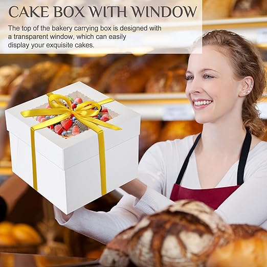 48 Pcs Cake Boxes with Boards 24 Baking Boxes with Window 24 Cake Boards 2 Rolls Silk Ribbon Large Square Baking Storage in 3 Sizes 12x12x8, 10x10x8, 8x8x8 Inch Disposable Dessert Containers