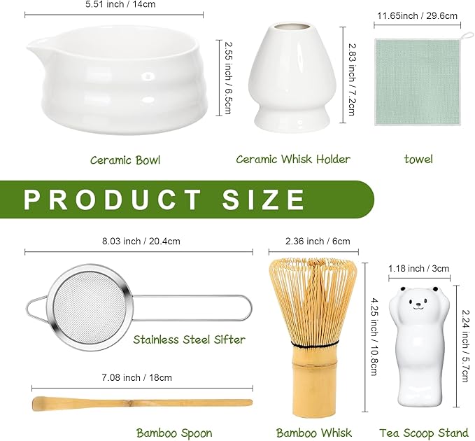 7 Pcs Matcha Whisk Set Macha Kit with Chawan Spout Bowl Bamboo Brush Chasen Holder Powder Starter Sifter Ceramic Japanese Making Matcha Tea Tool with Spoon and Tea Towel for Ceremony Gift (White)