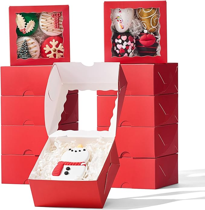50 Pack 4x4x2 inches Red Bakery Boxes with Window - Macaron Cookie Chocolate Truffle Strawberry & Mini Cake Gift Boxes for Valentine's Parties Birthdays Wedding, Christmas Favors