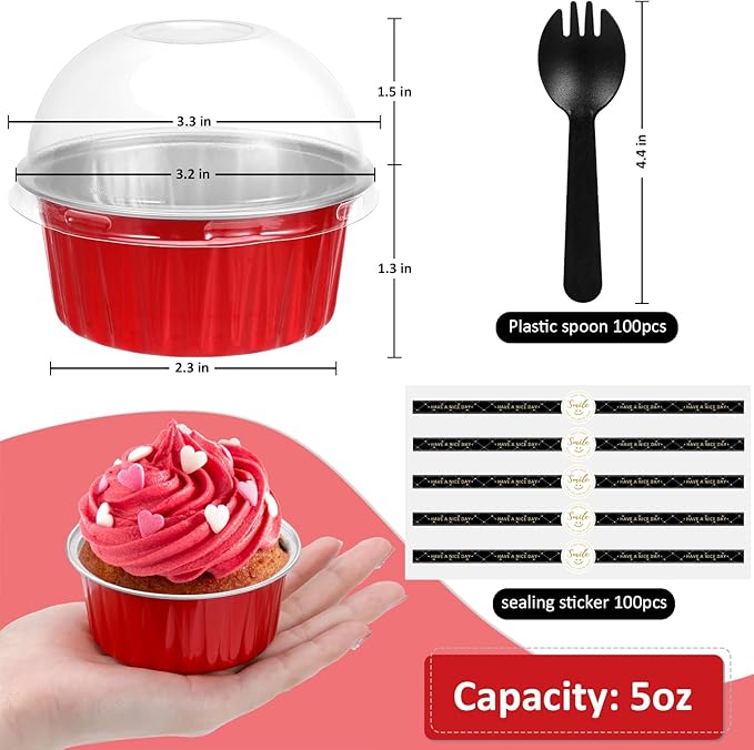 Mini Cake Pans with Lids and Spoons (100 Pack,Mixed color,5oz) Round Disposable Ramekins - Sturdy Aluminum Foil Cupcake Liners with Lids for Dessert and Party