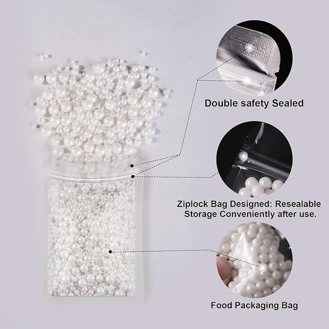 HUEBEATY 7-in-1 White Edible Pearls Sprinkles with Claw Sprinkle Pen – 180g/6.36oz White Cake Sugar Pearls 2mm to 10mm & Sugar Rods for Cake Decorating, Cupcakes, Cookies, Wedding & Valentines Desserts