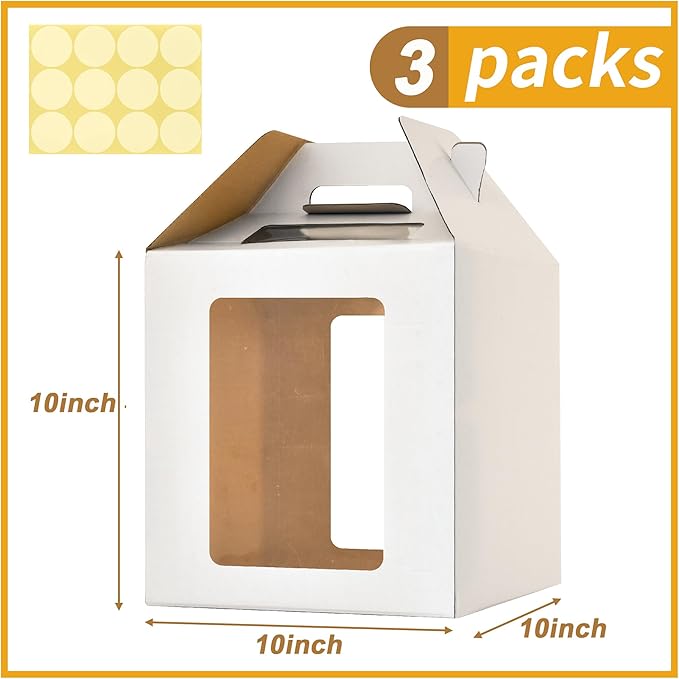 3 Pack Tall Cake Boxes for Tier Cakes,10x10x10 Inches Large Tiered Cake Carriers with Windows,8in 10in Layer Cake Box,Disposable Layer Tall Baking boxes with Handle
