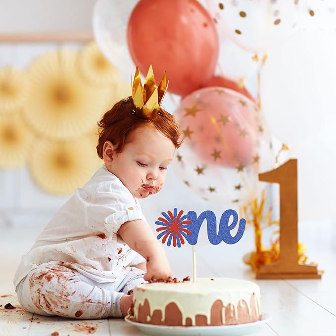 1Pc Happy Independence Day One Cake Topper Glitter Firework Happy 4th of July First Birthday Cake Decorations for Independence Day Theme Party Cake Decorations Supplies