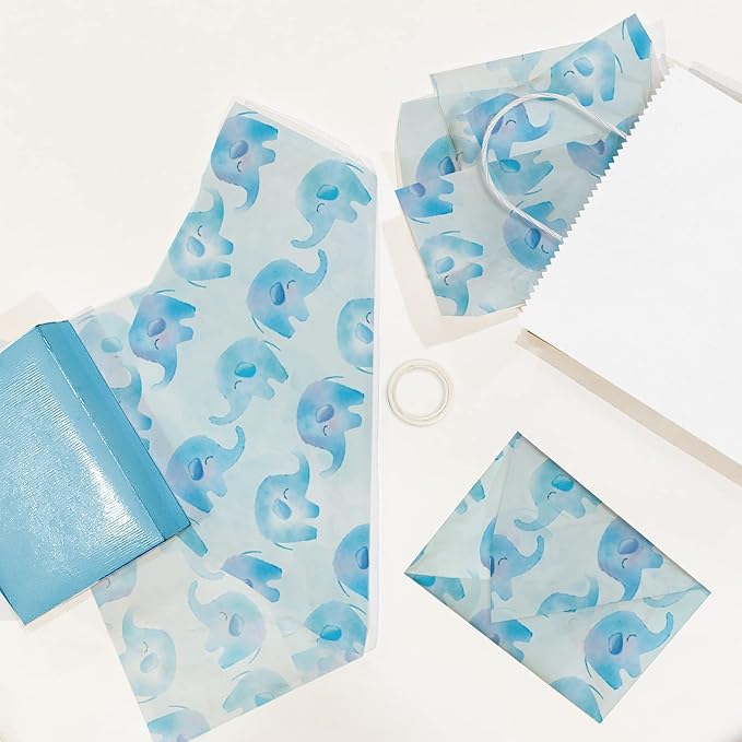 Blue Elephant Printed Tissue Paper for Gift Bags or Boxes and Wrapping - Baby Shower Bulk Decorative Art Tissue Paper for Packaging and Gifting | 24 Sheets 20" x 30"
