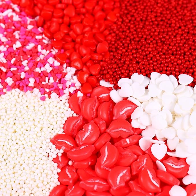 Heart Sprinkles Valentines Edible Sprinkle Mix Red White Heart Shapes Nonpareils Pastel Sprinkles for Cake Decorations Baking Ice Cream Cookies Cupcake Topper 6 Packs