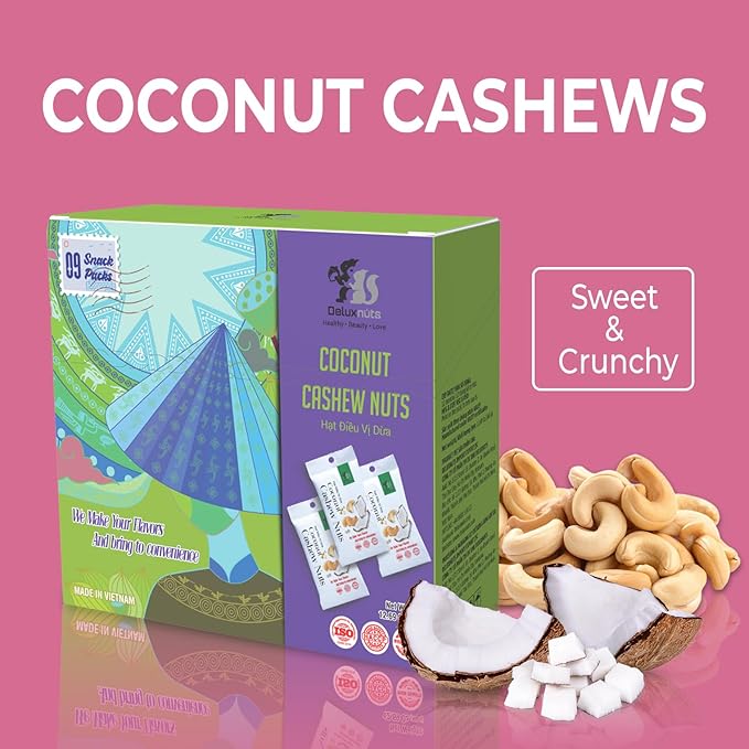 DELUXNUTS Roasted Coconut Cashews (9 Packs), Whole Cashew Nuts, Individual Packs, Healthy Snack for Kids & Adults, Good Source of Protein, Gluten-Free