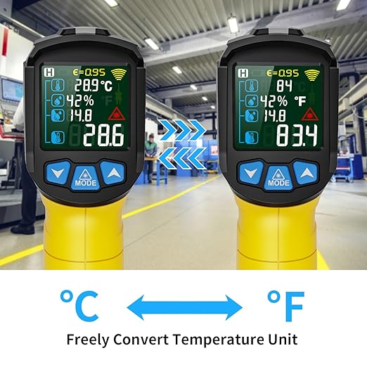 MESTEK Infrared Thermometer Temperature Gun, Non-Contact Digital Laser Thermometer with Probe for Cooking, Home and Industry Repair, Humidity Measurement, Adjustable Emissivity -58°F to 1472°F