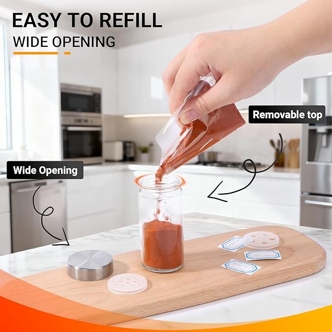 Segarty 3oz Spice Jar with Stainless Steel Shaker Lids, 3 Pack 90ml Round Spices Jars for Salt and Pepper Storage, Small Glass Seasoning Container Set, Empty Spice Shakers with 7 Stickers and 1 Brush