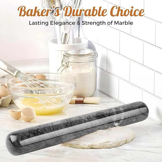 Flexzion Dowel Rolling Pin, 11-inch Black Marble with Wooden Holder Base Stand, Marble Rolling Pin for Baking Pastry Pizza Dough Roller Fondant Cookie Pie Crust Pasta Bakery Roller Pin