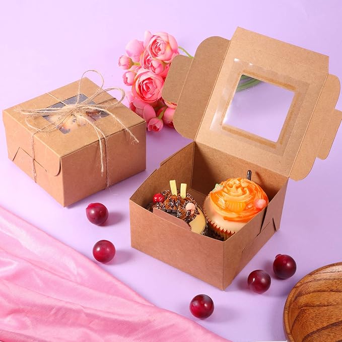 50 Pieces Bakery Box with Window Cookie Boxes Mini Kraft Boxes Gift for Pastries, Candy, Pie, Cupcakes, Soap Packaging for Homemade Soap (4 x 4 x 2.5 Inch, Brown)