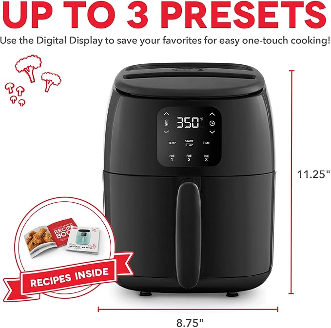 DASH Tasti-Crisp™ Electric Air Fryer Oven, 2.6 Qt., Black – Compact Air Fryer for Healthier Food in Minutes, Ideal for Small Spaces - Auto Shut Off, Digital, 1000-Watt