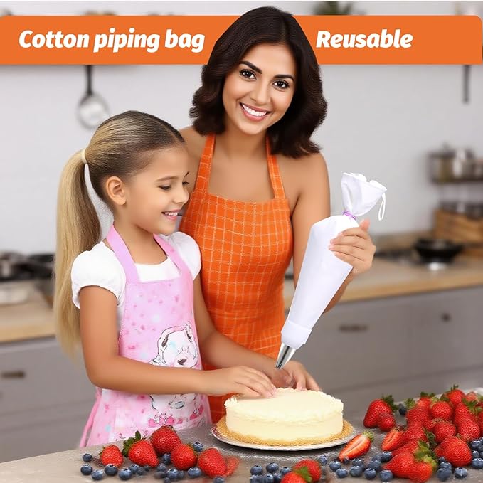 Reusable Cotton Piping Bags and Tips Set- 15pcs Frosting Piping Kit Cupcakes, Cookies | Durable Cotton Exterior, Easy to Clean, Eco-Friendly Baking Kit for Home Bakers & Chefs