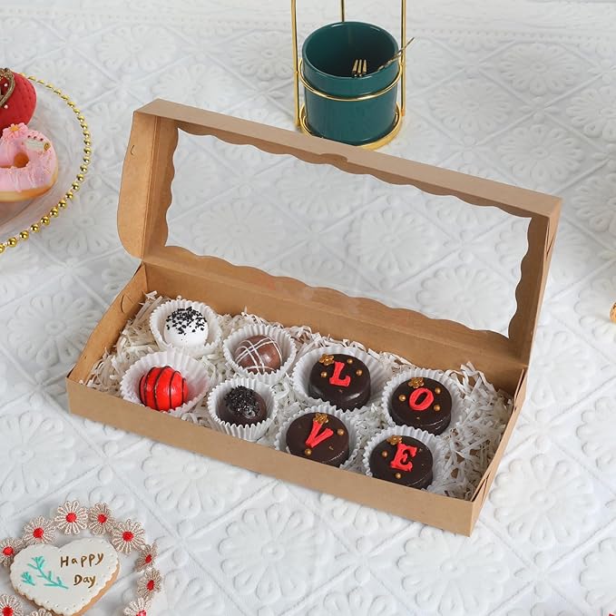 50pcs 12x5x1.5Inches Brown Cookies Boxes with Window Bakery Boxes Chocolate Truffle Boxes Macaron Boxes Cakesickle Boxes Browines Treat Boxes for Christmas Valentine's Father's Mother's Day