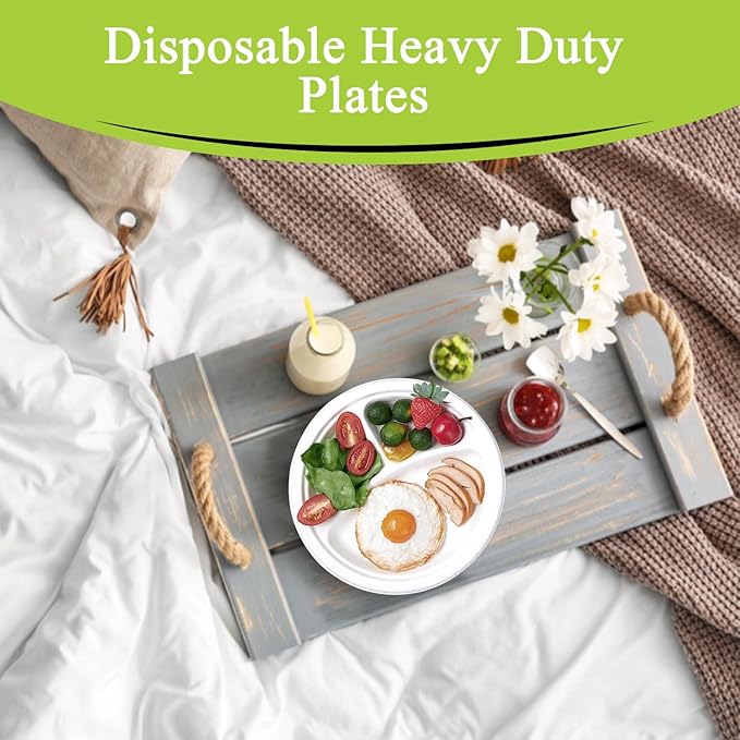 three leaf 9" 3 COMPARTMENT BAGASSE ROUND PLATE, 500 Ct. Heavy-Duty- Super Strong- Natural- Eco-Friendly Disposable Bagasse Plates, 100% Biodegradable 9 inch 3 compartment plates