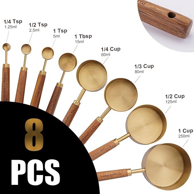 Gold Measuring Cups and Spoons Set, 8 Piece Premium Stainless Steel Measuring Cups with Wood Handles for Baking Supplies in the Kitchen (Gold)