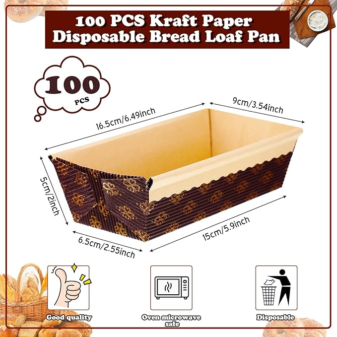 100 Pieces Paper Loaf Pans for Baking Kraft Bread Loaf Pan Disposable Baking Rectangle Loft Mold for Cake Bread Display, 6 x 2.6 x 2 inch