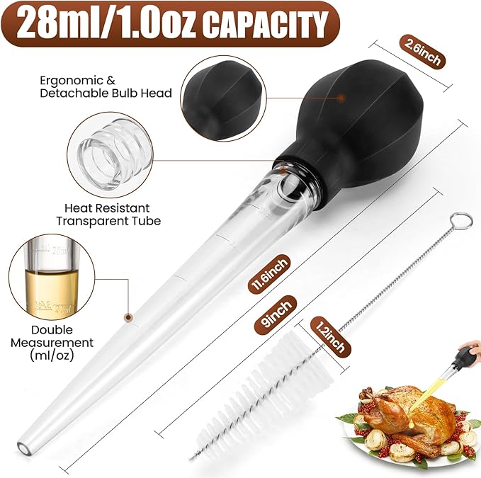 SCHVUBENR Large Turkey Baster with Cleaning Brush - Premium Baster Tool for Cooking - Easy to Use and Clean - Powerful Bulb Baster Syringe - Dishwasher Safe - Flavor Meat Poultry, Beef, Chicken(Black)