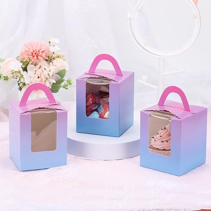 acDesign 100Pcs Single Cupcake Carrier With Window Handle and Inserts 3.6in*3.6in*4.3in Cupcake Boxes Individual for Bakery Wrapping Gift (Gradient)