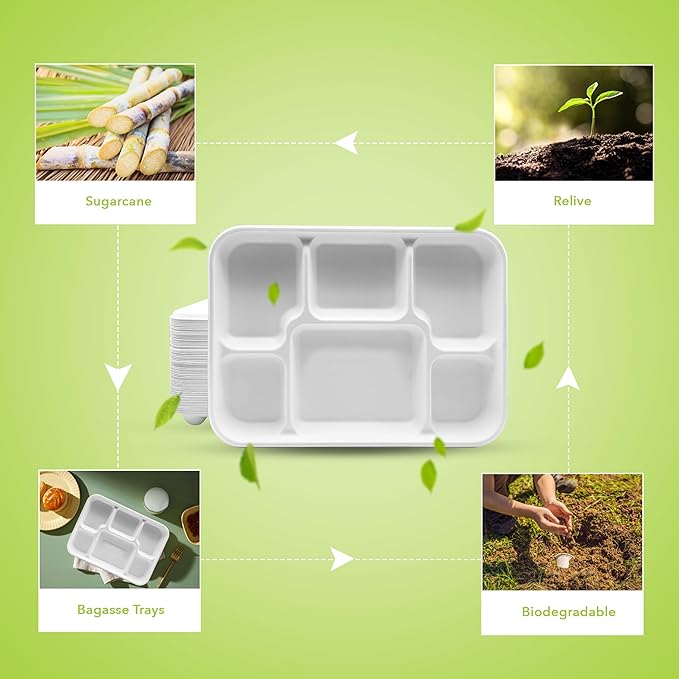 three leaf 6 Compartment Bagasse Tray 100 Ct. Heavy Duty, Super Strong,Eco Friendly Disposable Bagasse Plates,100% Biodegradable Plates, Microwave and Freezer Safe, Ideal for Party, Dinner and Picnic