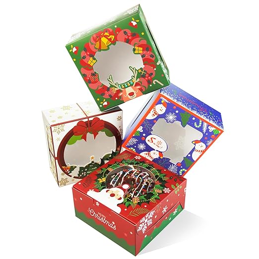 qiqee Christmas Bakery Box with Window 60packs 6x6x3 Cookie Boxes Pastry Box for Christmas