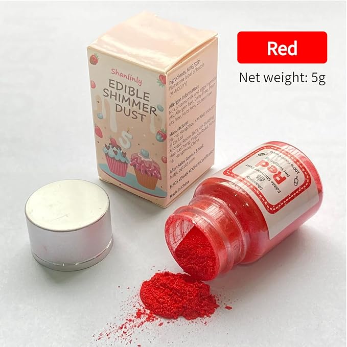 Shanlinly Red Edible Luster Dust - 5 Grams Food Grade Cake Dust Shimmer Powdered, Edible Metallic Powder Food Coloring for Cake Decorating, Chocolates, Fondant, Drinks, Painting & More, Vegan