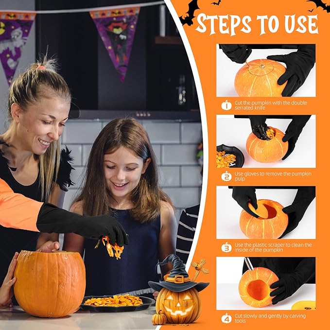 Pumpkin Scraper Glove - Complete Halloween Pumpkin Carving Kit,2 Pairs of Gloves & 2 Scrapers(One for Adults,One for Kids),3 Pumpkin Carving Tools,Easily Clean & Carve Your Halloween Pumpkins.