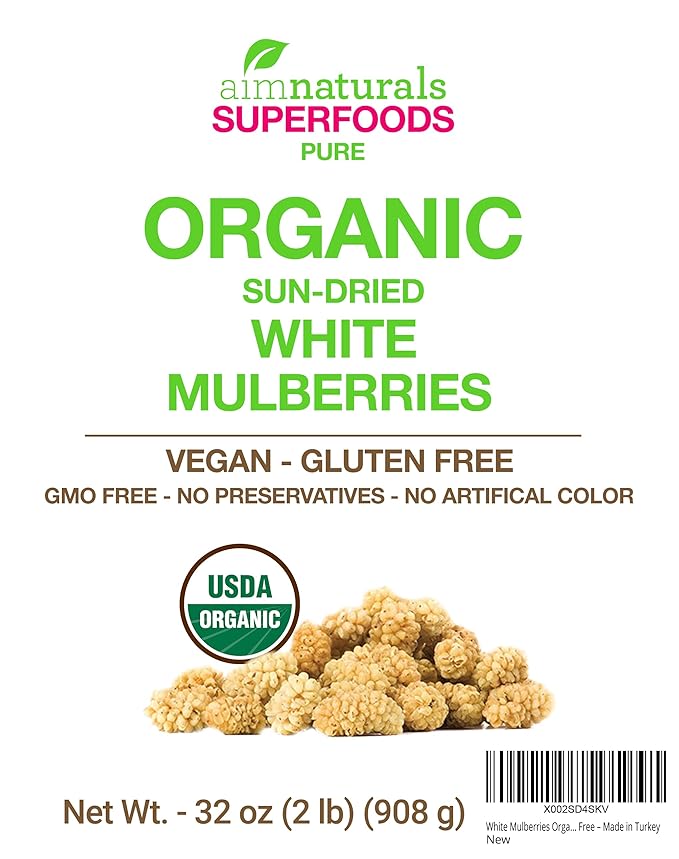 White Mulberries Dried Organic Bulk 2 Lbs Bag– USDA Organic Certified – Sun Dried, Raw, Non GMO & Gluten Free – Product of Turkey