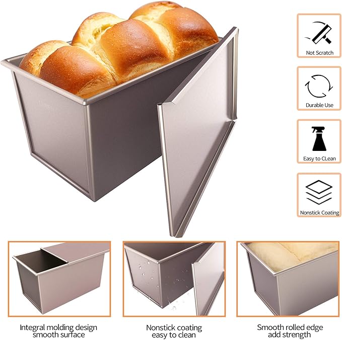 CHEFMADE Pullman Loaf Pan with Lid, 1Lb Dough Capacity Non-Stick Rectangle Flat Bread Pan Bakeware, Toast Mold with Cover for Oven Baking Cakes, Breads and Meatloaf (Champagne Gold)