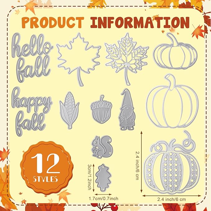 Otoolling 12 Pcs Thanksgiving Fall Metal Die Cuts for Card Making Hello Fall Maple Leaf Pumpkin Hazelnut Squirrel Corn Embossing Stencils for Autumn DIY Scrapbooking Craft Decorations