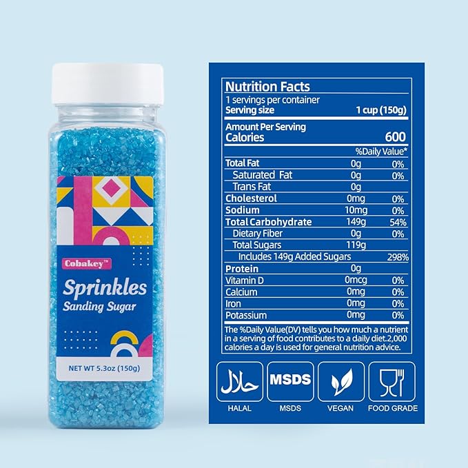 Blue Sanding Sugar 150g (5.3 oz) - Edible Sparkling Sugar for Baking Decorations, Cookies, Cakes, Cupcakes, Ice Cream Toppers - Vibrant Blue Color Sugar Crystals Winter Sprinkles