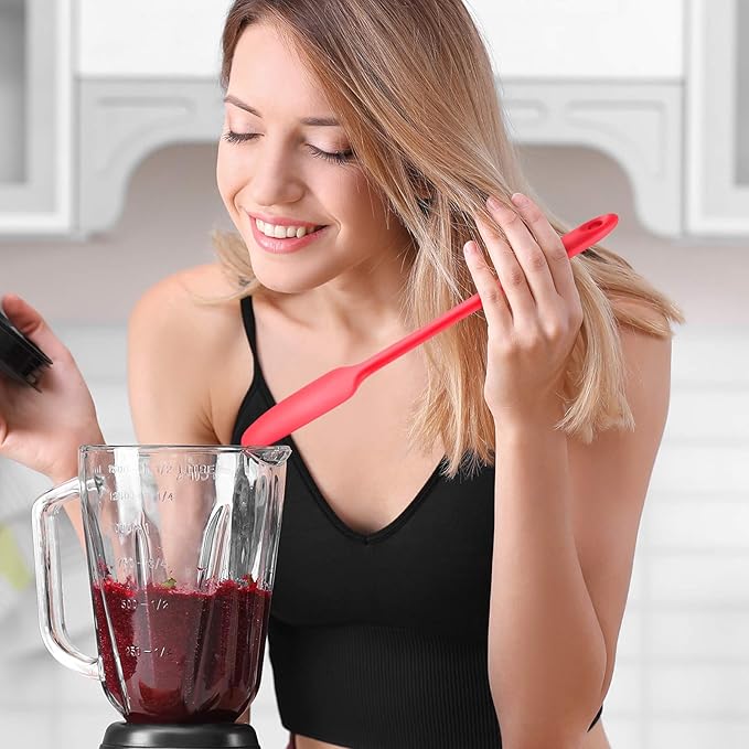 Patelai 2 Pieces Silicone Jar Spatula Long Handle Non-stick Rubber Scraper Heat Resistant Spatula Silicone Scraper for Jars, Smoothies, Blenders Cooking Baking Stirring Mixing Tools (Red)