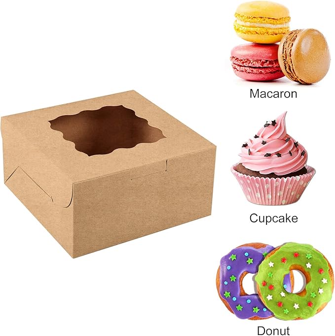 Moretoes 24pcs Bakery Boxes, 6x6x3in Brown Cookie Boxes, Mini Cake Boxes with Window Included Parchment Paper and Stickers, Pastry Boxes for Party, Wedding, Birthday Day