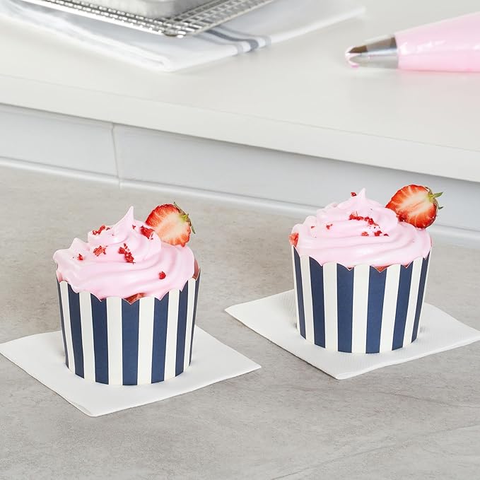 Panificio 10 Ounce Cupcake Wrappers, 200 Scalloped Baking Cups - Oven-Ready, Greaseproof, Blue Striped Paper Cupcake Liners, Disposable, For Birthdays, Baby Showers, Or Weddings - Restaurantware