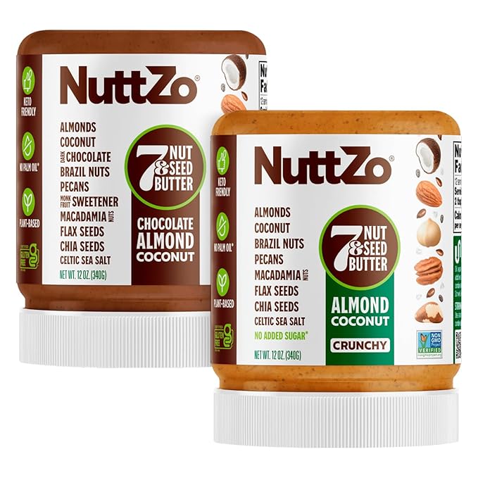 NuttZo Almond Coconut and Chocolate Almond Coconut 7 Nuts & Seed Butter Bundle | Keto Friendly | Almonds, Brazil Nuts, Macadamia, Pecans & More | 4g of Protein, 1g of Sugar | Gluten Free | 12 oz Jar
