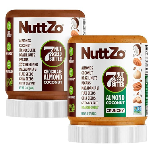 NuttZo Almond Coconut and Chocolate Almond Coconut 7 Nuts & Seed Butter Bundle | Keto Friendly | Almonds, Brazil Nuts, Macadamia, Pecans & More | 4g of Protein, 1g of Sugar | Gluten Free | 12 oz Jar