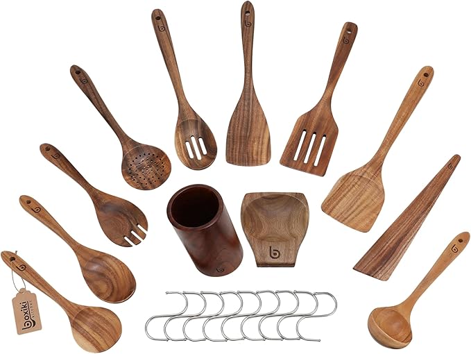 Teak Wood Utensil Set – Premium Natural Wooden Cooking Tools for Nonstick Cookware, Stirring & Serving – Durable, Non-Toxic Kitchen Spatulas (12)