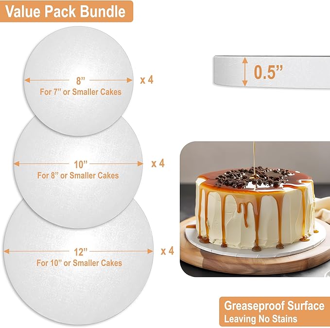 BOARDS+ Cake Drums 8, 10 & 12 Inch (3 Sizes, 12 Pack Total) | 1/2" Thick Cake Rounds + Prop Up Tool Included | 0.5" Sturdy Circles, Seamless & Greaseproof For Presenting Heavy/ Tiered Cakes